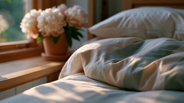 Gemachtes Bett mit gestreifter Bettw&auml;sche und Blumentopf am Fenster
