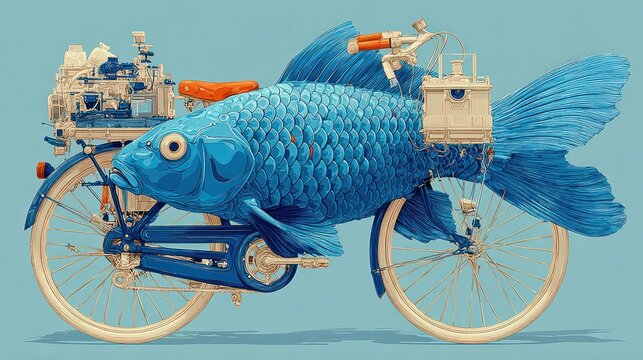 Imaginative blue fish bicycle with steampunk mechanical elements on a light blue background