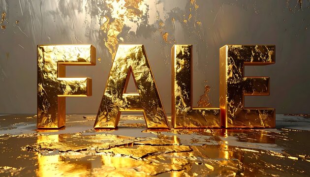 Golden 3D text on shiny surface with light reflections
