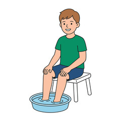 A cute young boy sits on a small, low white stool. Flat vector modern illustration © ainun