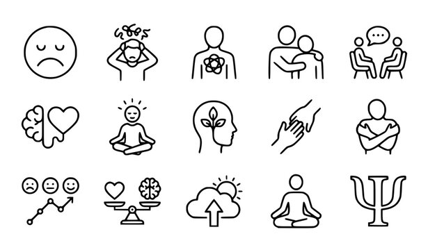 Mental wellness line icons therapy mindfulness and emotional support