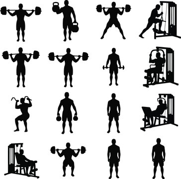 Fitness exercise silhouette set with gym equipment and strength training poses isolated on white