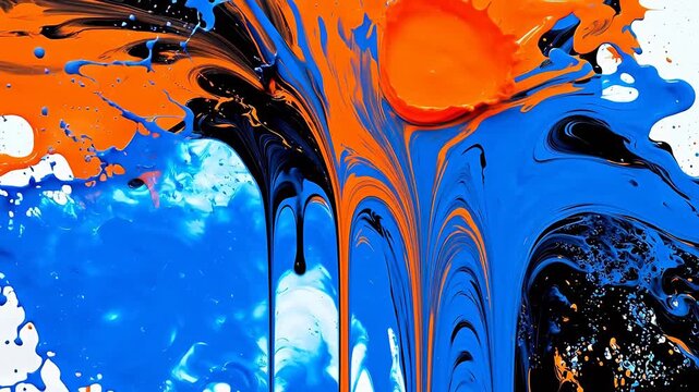 Abstract paint splatter in orange black and blue