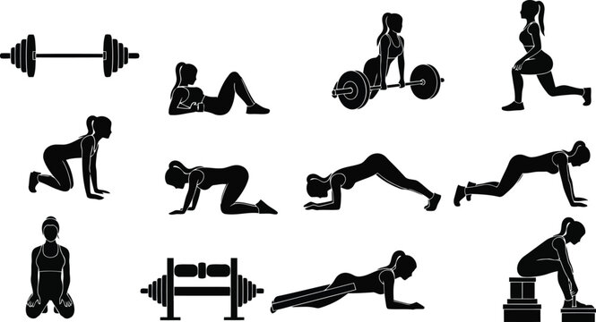 Fitness exercise silhouette set of people performing yoga, strength training, stretching and core workout poses