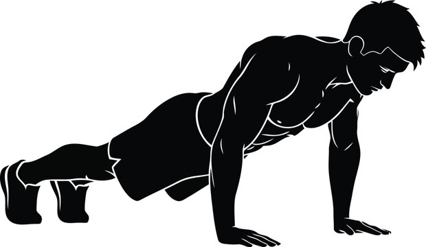 Black silhouette of man doing pushup exercise isolated on white background