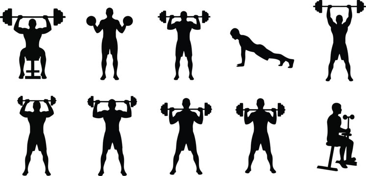 Fitness Exercise Silhouettes Set with Weightlifting, Push Up, Plank and Strength Training Poses