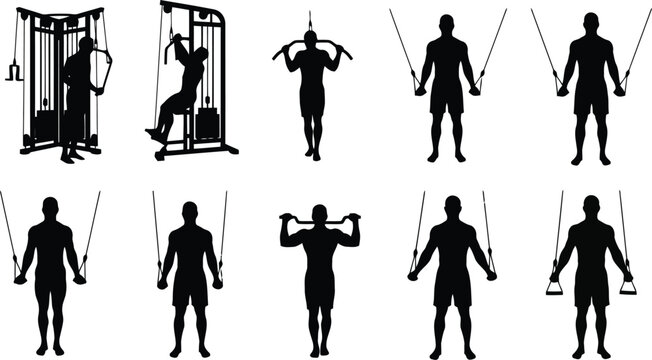 Fitness silhouette collection with gym equipment, male and female workout poses isolated on white background
