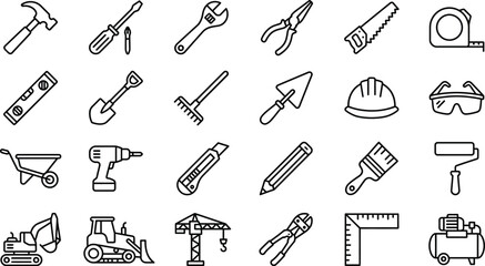 Obraz premium Construction Tools Line Icons Set On White Background
