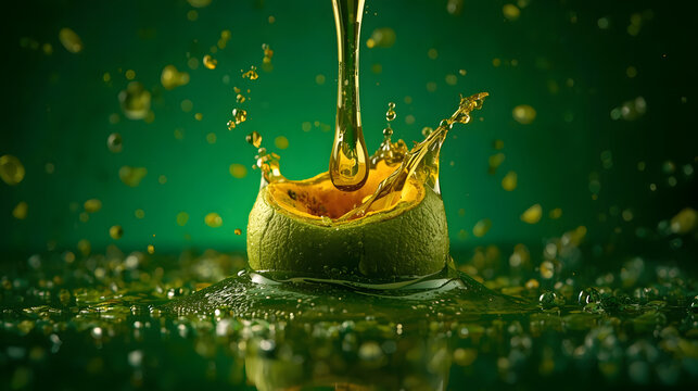 Golden oil pouring into amla half with splash high-resolution photo