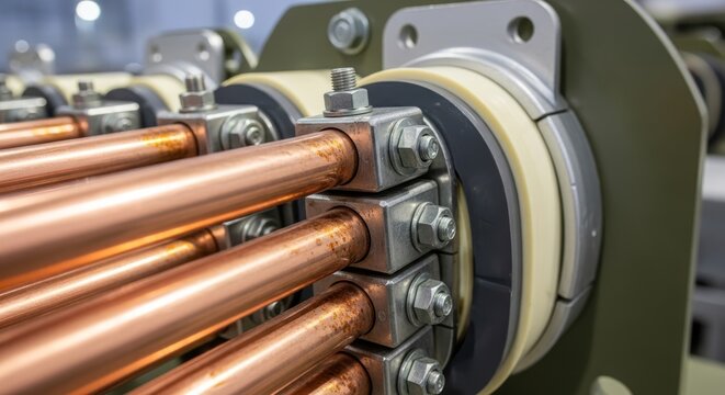 copper pipe assembly connected with metal clamps in industrial mechanical system