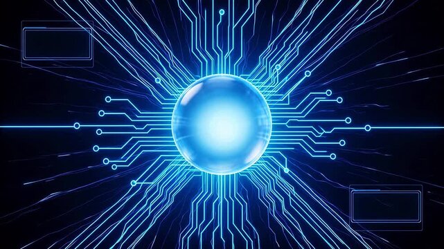 Blue glowing sphere with circuit lines