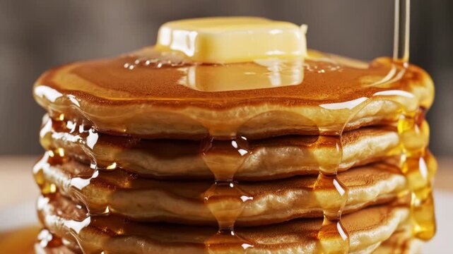 Macro close-up of fluffy golden-brown pancake stack featuring melting butter pat and thick maple syrup pouring down the side, professional food photography lighting.