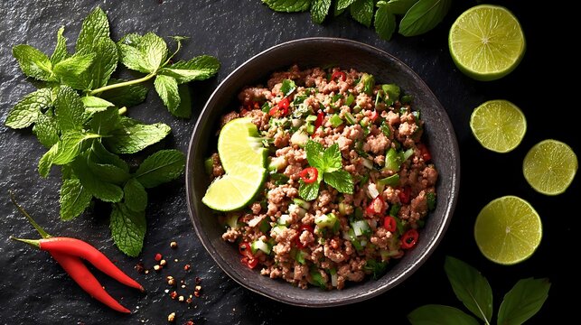Thai minced pork salad larb served in a dark ceramic bowl with fresh lime wedges mint leaves and spicy red chili peppers arranged on a textured black stone surface for culinary presentation
