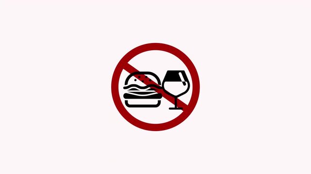 Fast food and wine and beverage restriction symbol for public transport and retail.,No food or wine prohibited sign icon animation.No junk food allowed isolated on transparent background .4k video .