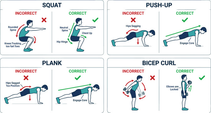 Exercise form correct and incorrect posture infographic chart comparing proper bodyweight workout execution for fitness coaching presentation template and gym marketing poster