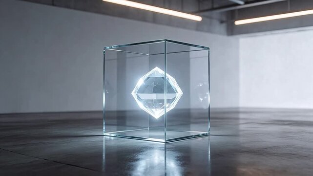 Glass cube with glowing crystal