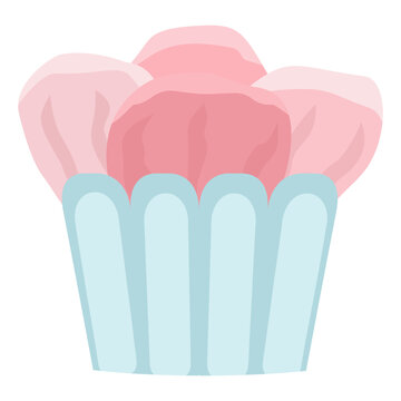 Flat illustration of traditional Indonesian bolu kukus mekar with a fluffy blossom-shaped top in a pastel wrapper.