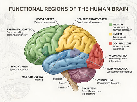 Human brain functional regions diagram illustration isolated on white background