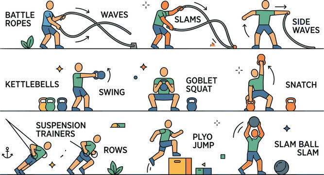 Gym functional training exercises infographic chart showcasing battle ropes kettlebells suspension trainer and plyobox workouts for fitness coaching presentation template