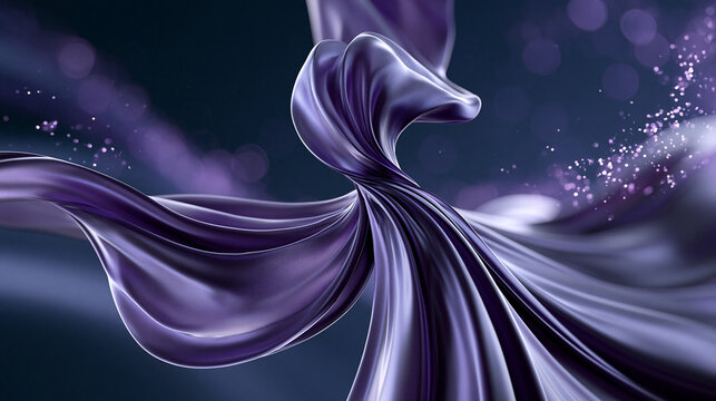 Abstrakte violette Seidenstoffwelle mit Glitzerpartikeln auf dunkelblauem Hintergrund