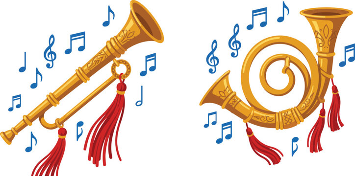Brass Musical Instruments with Musical Notes in Flat Vector Illustration