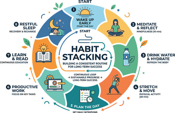  Habit stacking loop infographic diagram showcasing a continuous personal development routine wheel template for lifestyle coaching and corporate wellness presentation