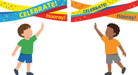 Children Celebrating with Colorful Ribbons and Confetti, Featuring Blank Space for Custom Party Greetings © Hridoy
