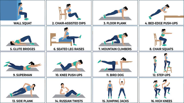 Home workout routine infographic chart displaying step by step bodyweight fitness exercises for healthy lifestyle marketing and training presentation template