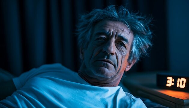 Man awake in bed at night with digital clock showing 3 -10 AM.