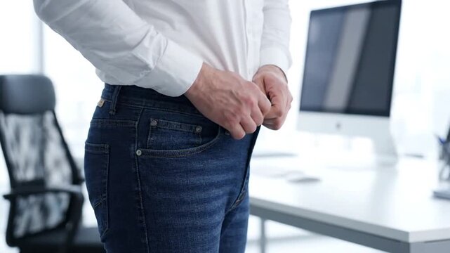 Woman struggles to fit into tight jeans, symbolizing weight gain, dieting, body image, and fashion challenges
