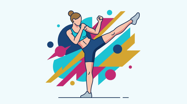 A vibrant flat design illustration of a female kickboxer performing a powerful high kick, embodying agility, strength, and empowerment. 