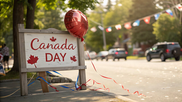 Canada Day sign on a festive street with balloons and bunting, cinematic shallow depth of field
