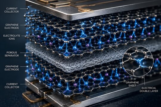 A macro rendering of generic next generation graphene supercapacitor architecture showing a microscopic view of layered carbon structures with intricate electrical connections