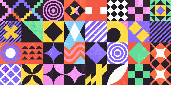 Geometric pattern with colorful squares circles and abstract shapes