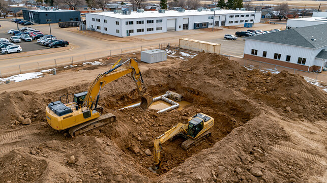 Zwei Bagger graben tiefen Erdaushub auf Baustelle neben modernem Geb&auml;ude aus der Vogelperspektive
