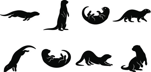 Obraz premium Otter Silhouette Collection Featuring Swimming Standing Diving and Playing River Animal Poses