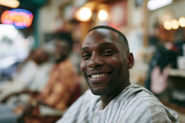 Obraz premium Warm smiles brighten a barber's shop scene. Soft lights glow behind a happy client. Background blur hints at a bustling salon. Friendly vibe suits lifestyle, travel, or wellness themes