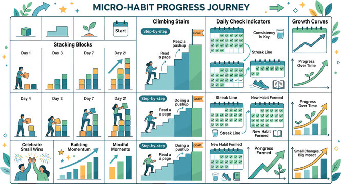  Micro habit progress journey infographic chart showcasing personal development tracker and goal building template for business coaching presentation and lifestyle marketing