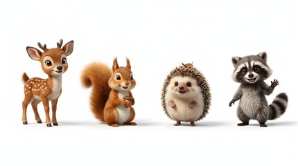 Fototapeta premium Four cute 3D forest baby animal mascots including deer, squirrel, hedgehog, and raccoon isolated on white background.
