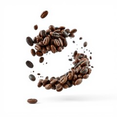Naklejka premium Coffee beans forming circular shape. Dynamic explosion, isolated on white background. Rich brown tones, detailed texture, vibrant presentation.