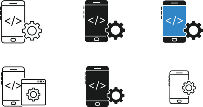 Mobile app programming vector icon set with smartphone screens HTML code brackets and gears for software development and tech business branding