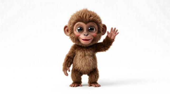 Cute 3D baby monkey cartoon character standing upright with large shiny eyes and waving hand on white background.