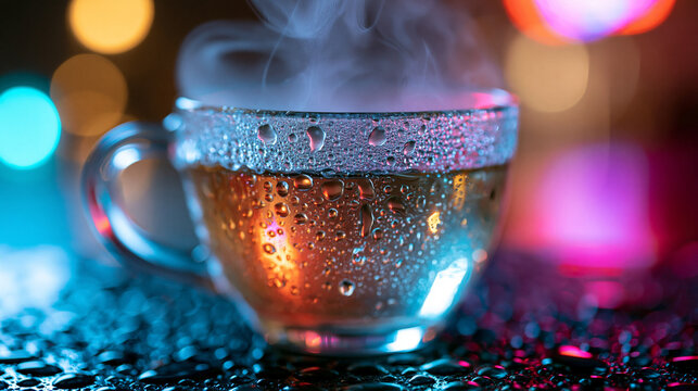 Dampfende Glastasse Tee steht auf Tisch mit Wassertropfen vor bunten Lichtreflexen