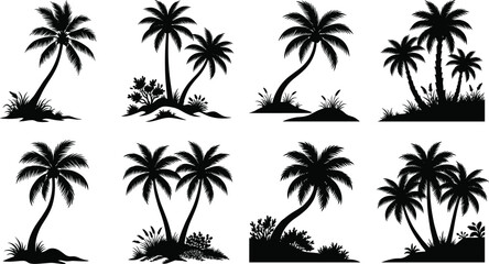 Fototapeta premium Tropical Palm Island Silhouette Collection Featuring Coastal Landscapes and Exotic Beach Vegetation