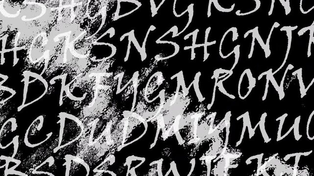 Random lettering with grunge texture animated irregularly on a black background