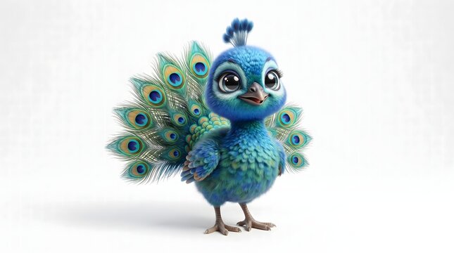 Cute 3D baby peacock cartoon character with colorful open tail feathers and big expressive eyes on white background.
