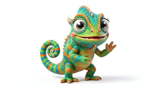 Cute 3D chameleon cartoon character with colorful scales, shiny eyes, and curly tail waving isolated on white background.