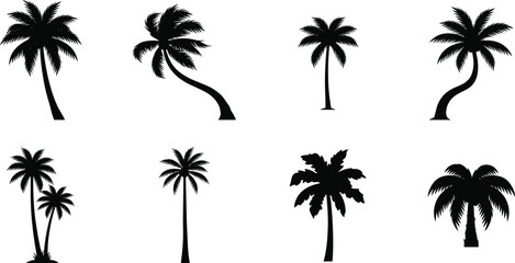 Fototapeta premium Tropical Palm Tree Silhouette Collection Featuring Curved Trunks and Exotic Island Landscape Set
