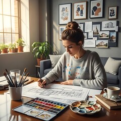 Fototapeta premium Woman studying at home with laptop and books.