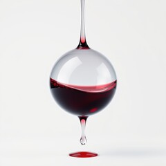 Fototapeta premium Red wine pours into glass sphere. Liquid drips below, creating splash. Minimalist studio shot, clean background.